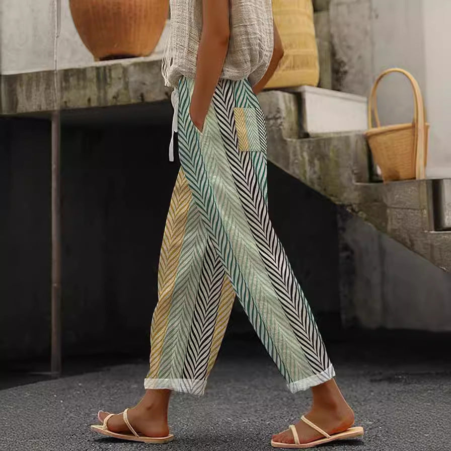 Feminine Digital Printed Minimalist Rolled Edge Casual Pants