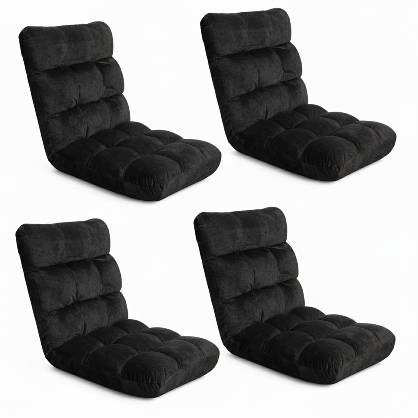 Four black folding chairs on a white background