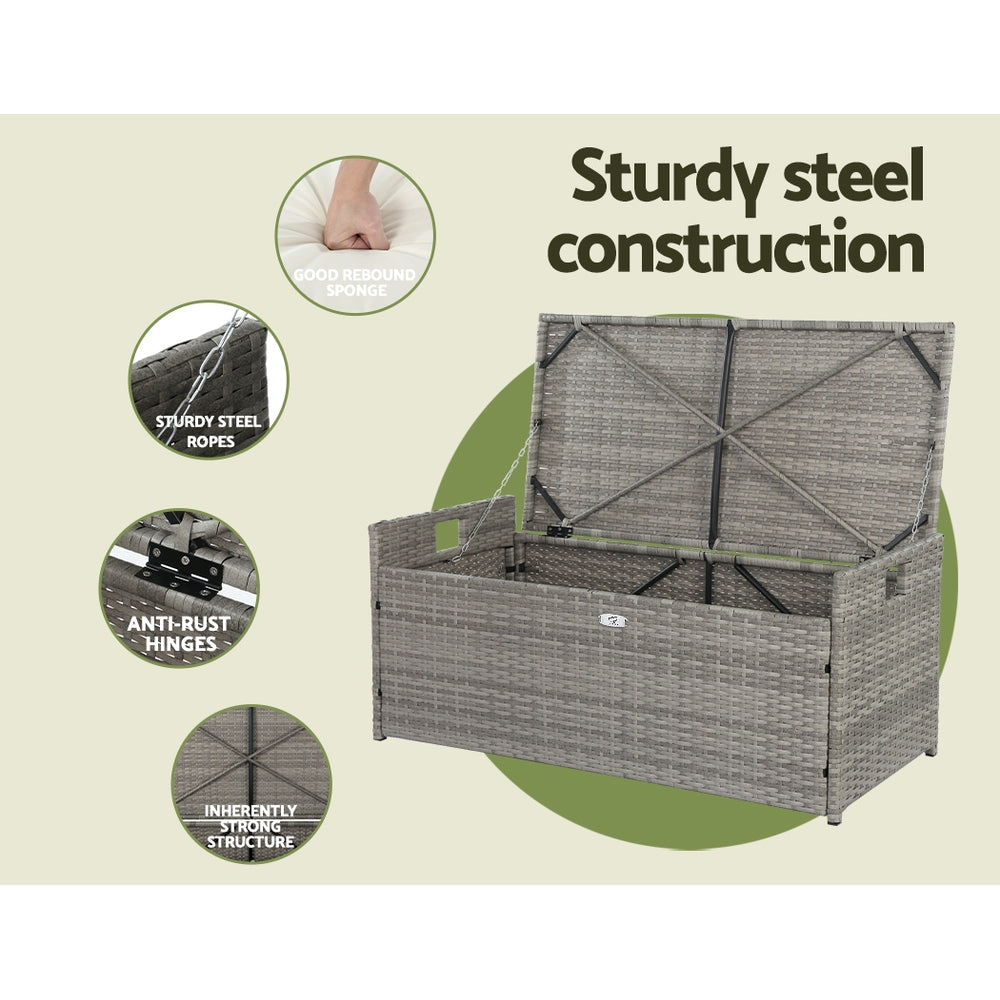 Outdoor storage box with text highlighting sturdy steel construction on a beige background