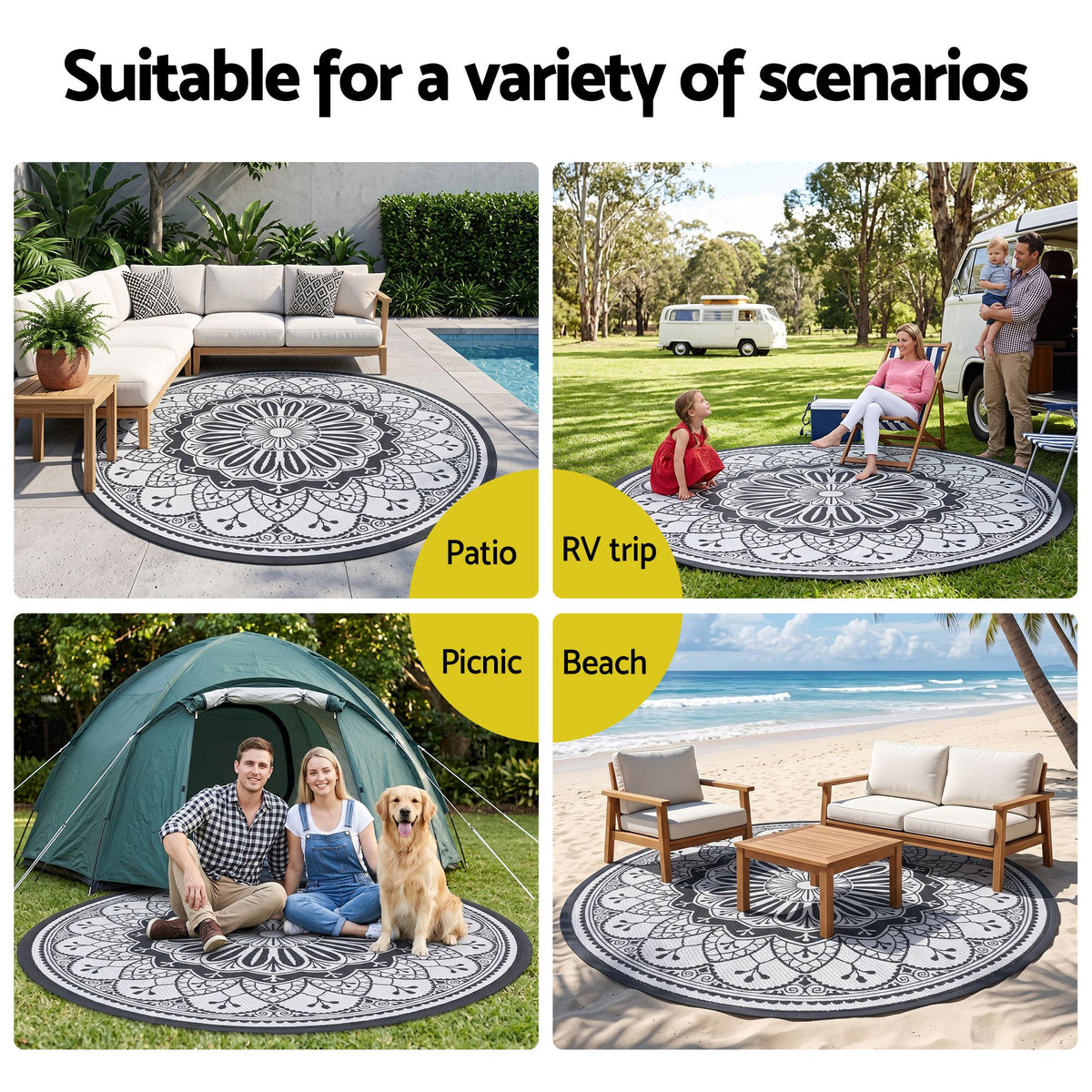 180cm Round Reversible Outdoor Rug – Grey