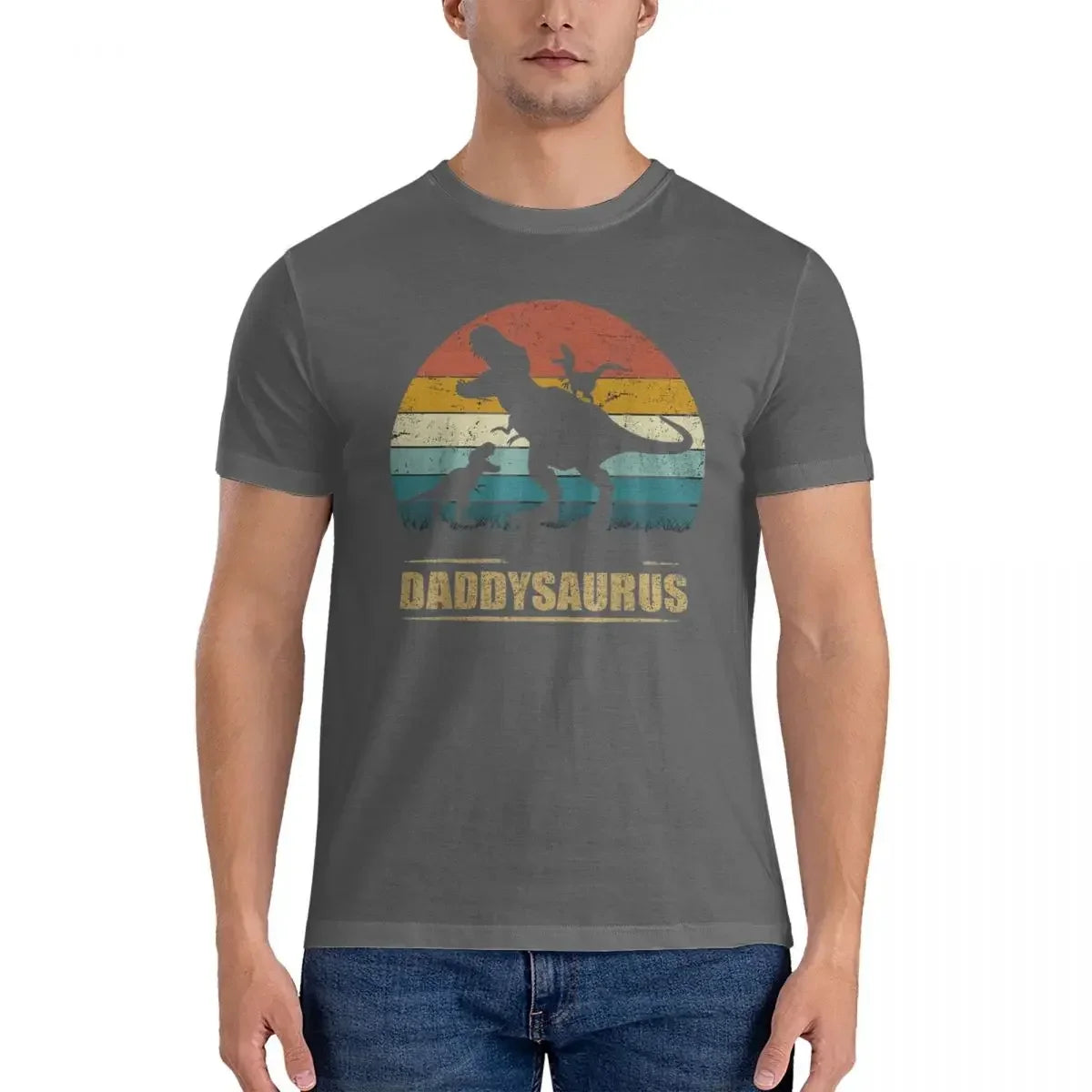 HOT SALE Daddy Dinosaur Daddysaurus Two Kids Gift For Dad T-shirt Men's Oversized T Shirt Men crew Neck Summer Shirts Tops