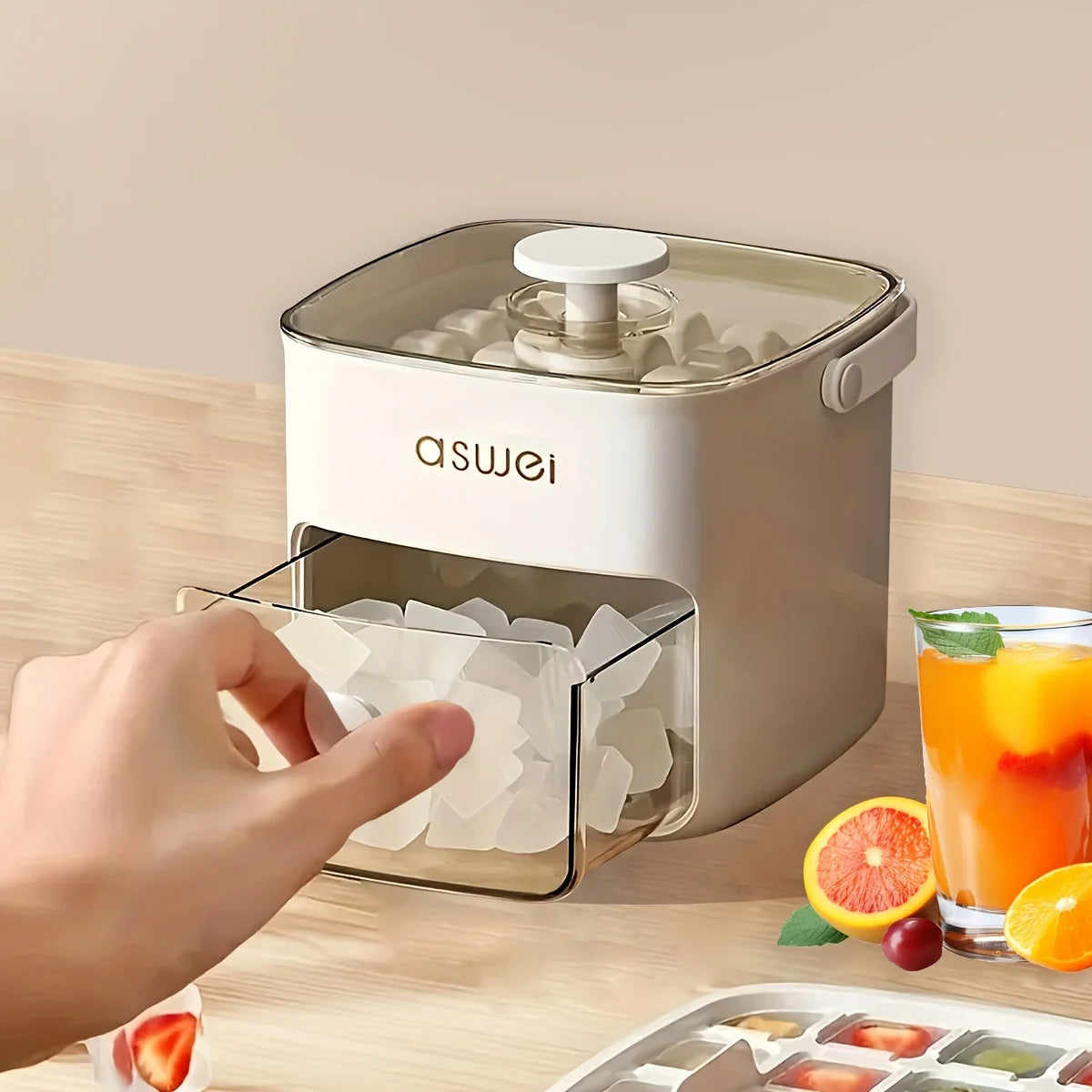 48-block ice cube machine with easy-press lid, large capacity, double-layer design, food-grade refrigerator plastic storage