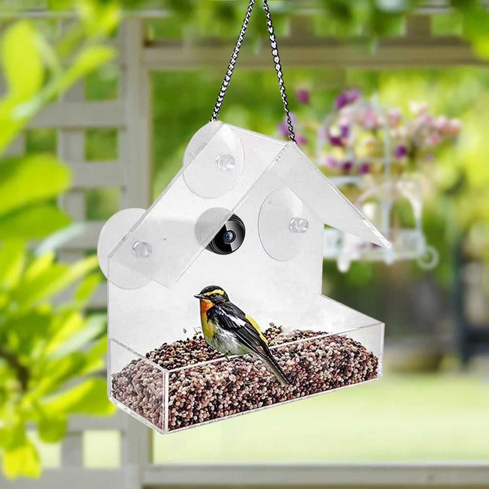 Smart Bird Feeder Acrylic with Camera Bird House Pet Feeder Transparent 1080P HD Easy Installation for Outdoor Garden