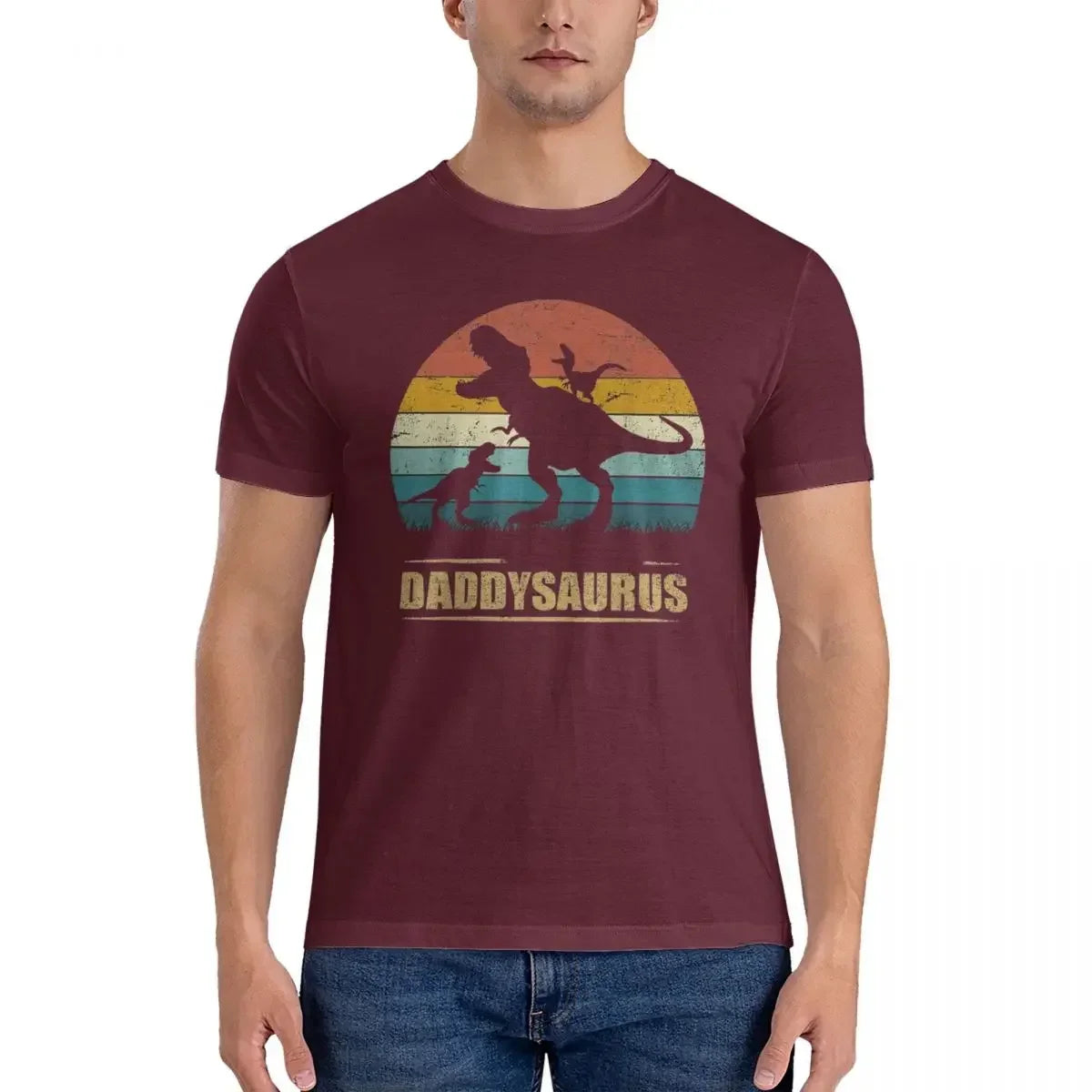 HOT SALE Daddy Dinosaur Daddysaurus Two Kids Gift For Dad T-shirt Men's Oversized T Shirt Men crew Neck Summer Shirts Tops