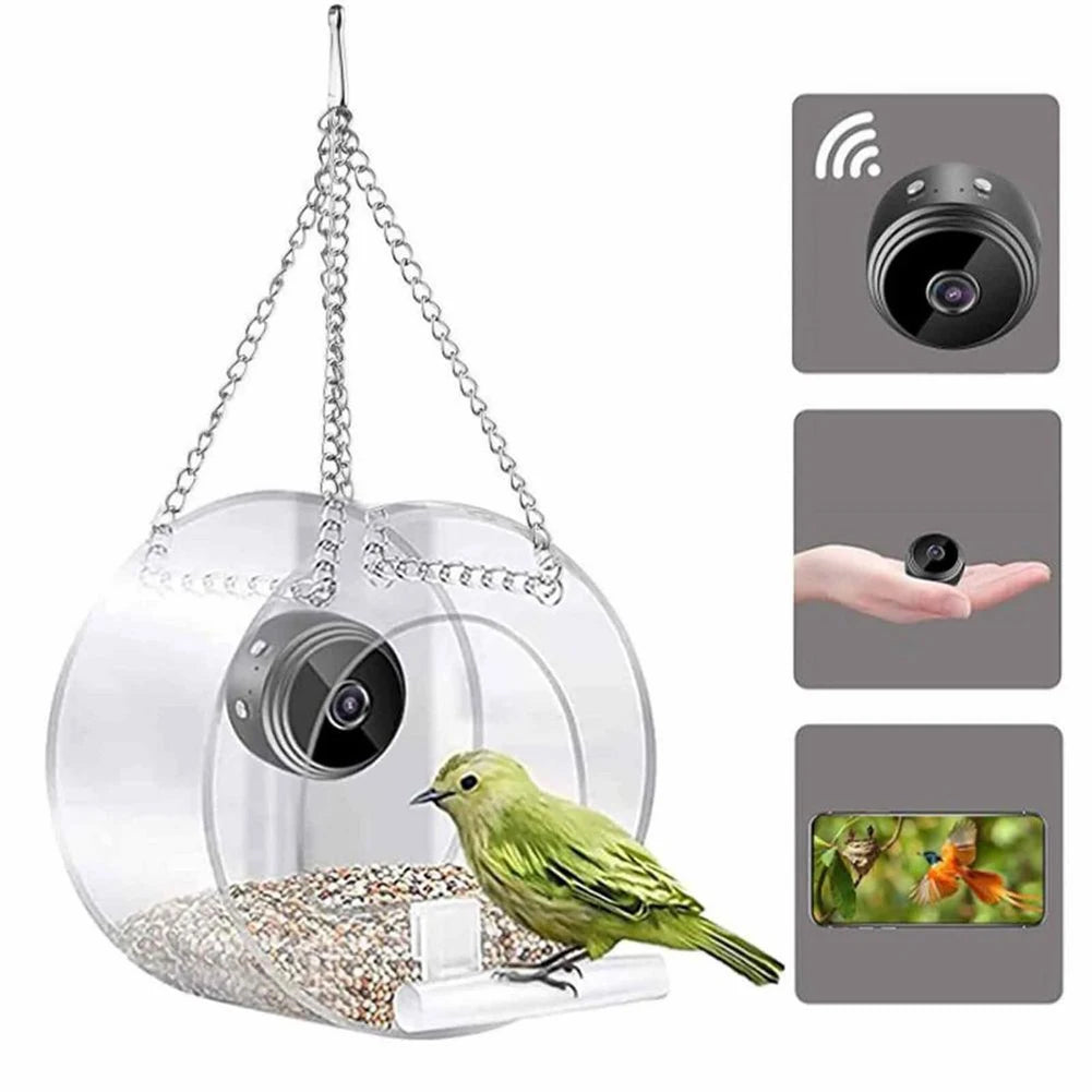 Smart Bird Feeder Acrylic with Camera Bird House Pet Feeder Transparent 1080P HD Easy Installation for Outdoor Garden