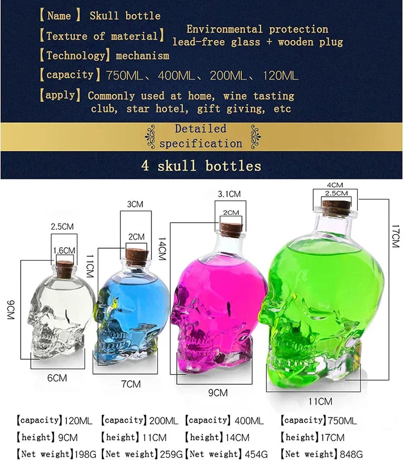 Skull Mason Jar for Vodka Skull Decanter, Lead-Free Glass Crystal 3D Skull Bottle with Cork Stopper
