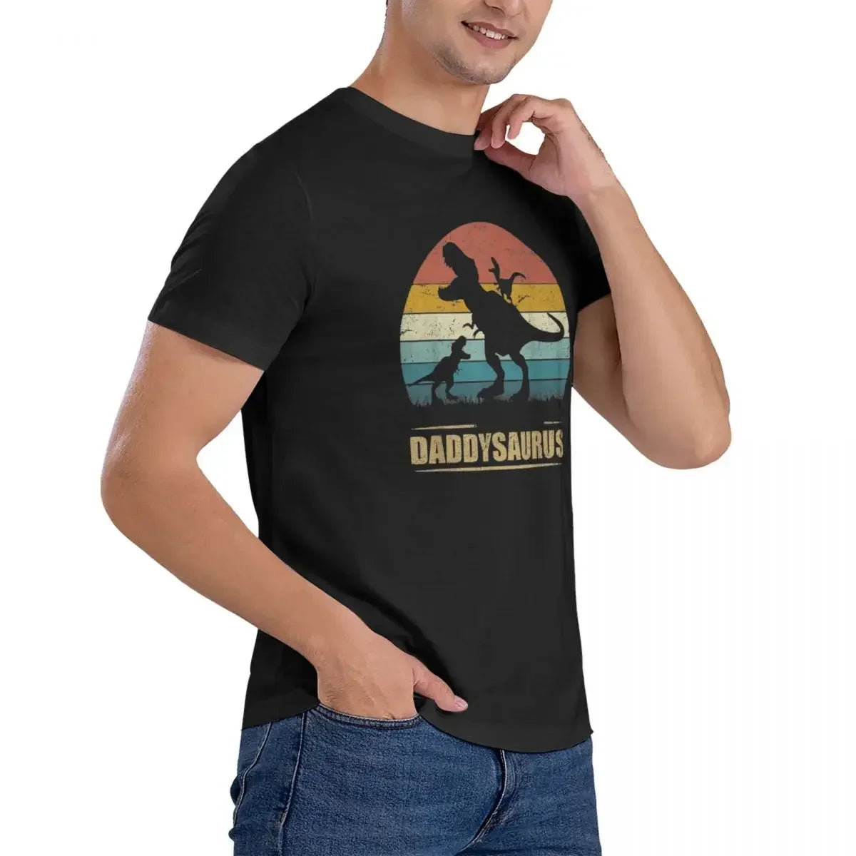 HOT SALE Daddy Dinosaur Daddysaurus Two Kids Gift For Dad T-shirt Men's Oversized T Shirt Men crew Neck Summer Shirts Tops
