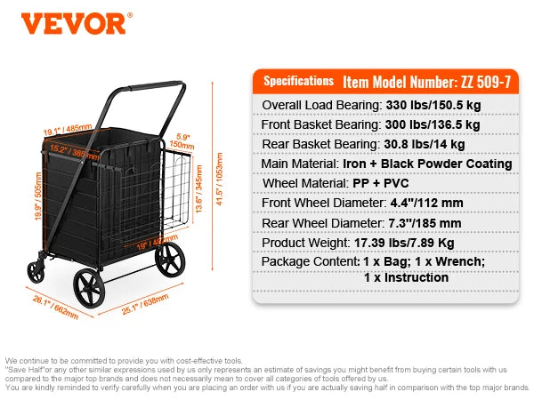 Folding Shopping Cart with Removable Waterproof Liner 106/330LBS Large Capacity 360° Swivel Wheels Dense Metal Mesh Base