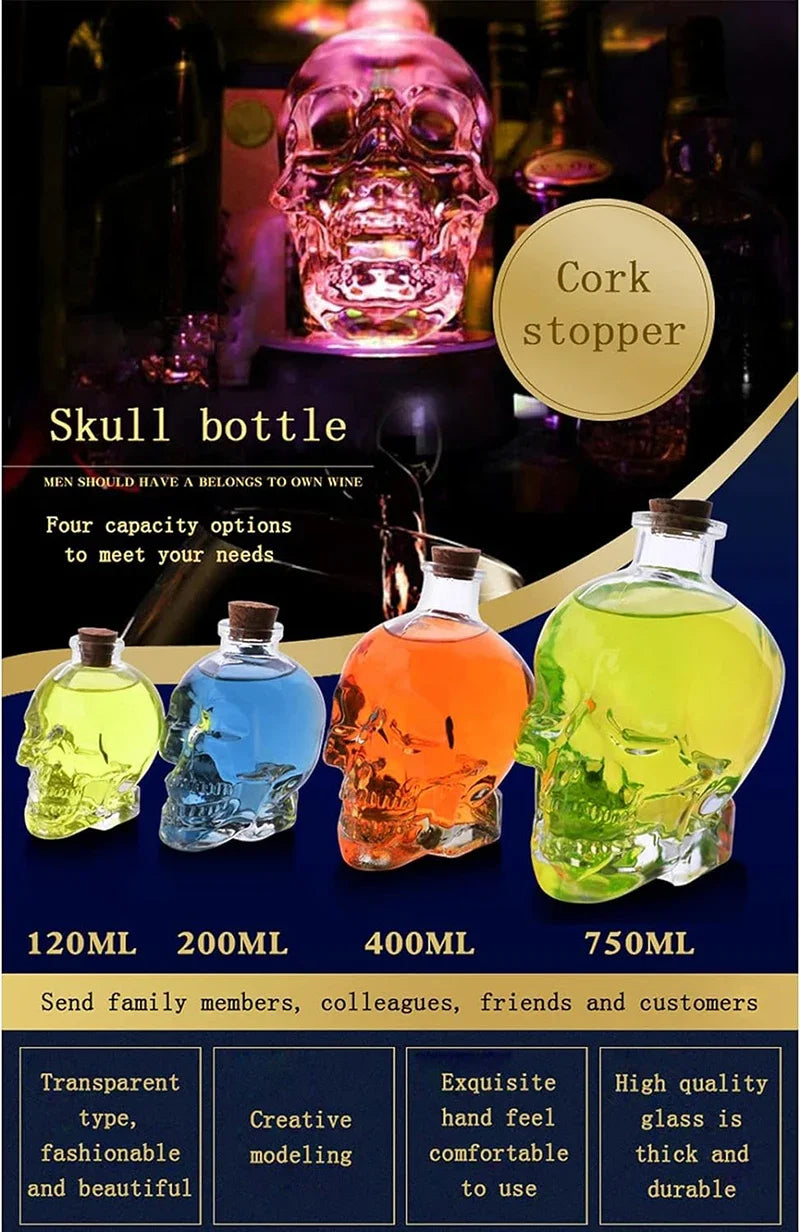 Skull Mason Jar for Vodka Skull Decanter, Lead-Free Glass Crystal 3D Skull Bottle with Cork Stopper