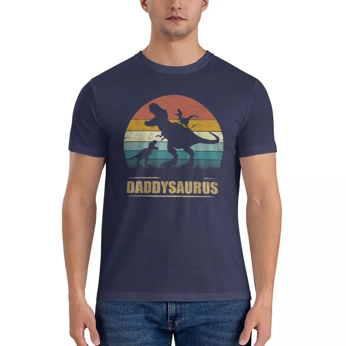 HOT SALE Daddy Dinosaur Daddysaurus Two Kids Gift For Dad T-shirt Men's Oversized T Shirt Men crew Neck Summer Shirts Tops