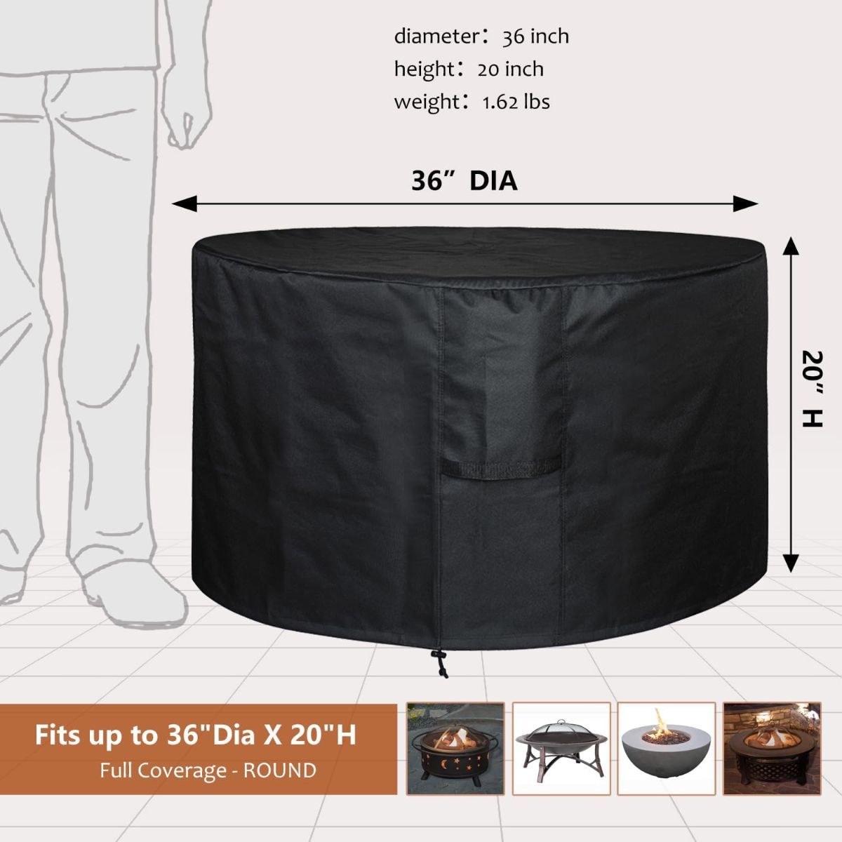 Round Gas Fire Pit Cover 40x22 inch – Waterproof 420D Polyester