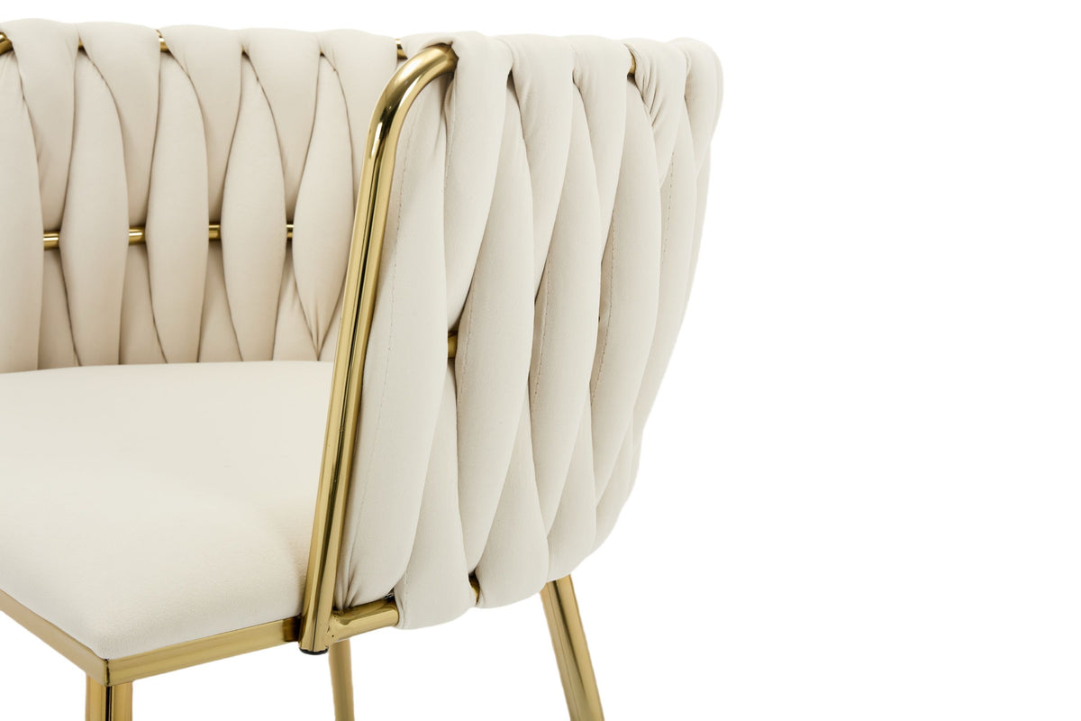 Set of 2 Beige Velvet Woven Dining Chairs – Golden Metal Legs