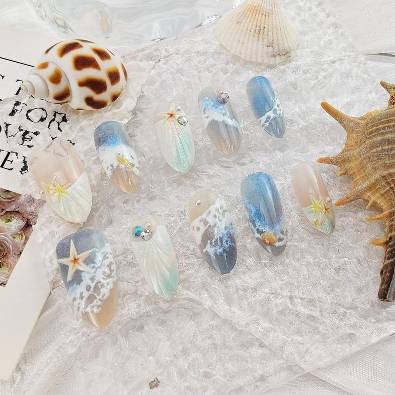 Blue Seaside Decorated False Nails – Seashell and Starfish