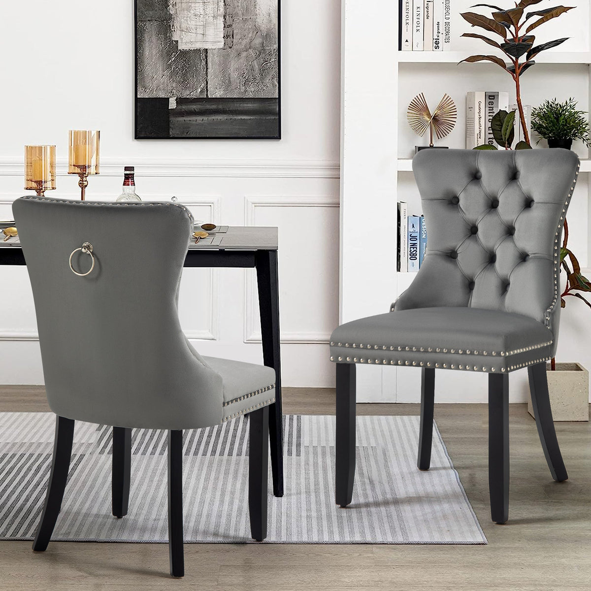Set of 2 Dark Grey Velvet Dining Chairs – Black Rubberwood Legs