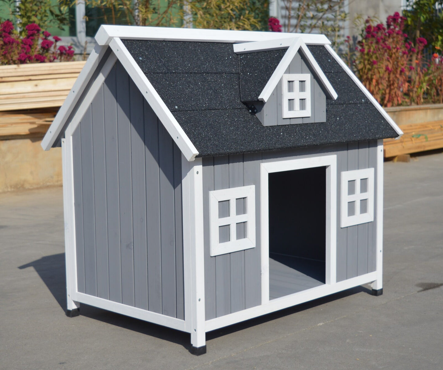 Grey Large Timber Pet Dog Puppy Wooden Cabin Kennel Timber House