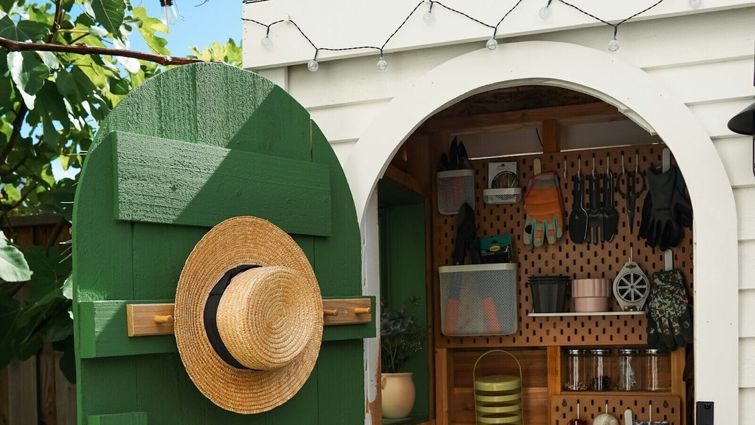 Open garden shed with tools and pots neatly organised on a pegboard wall