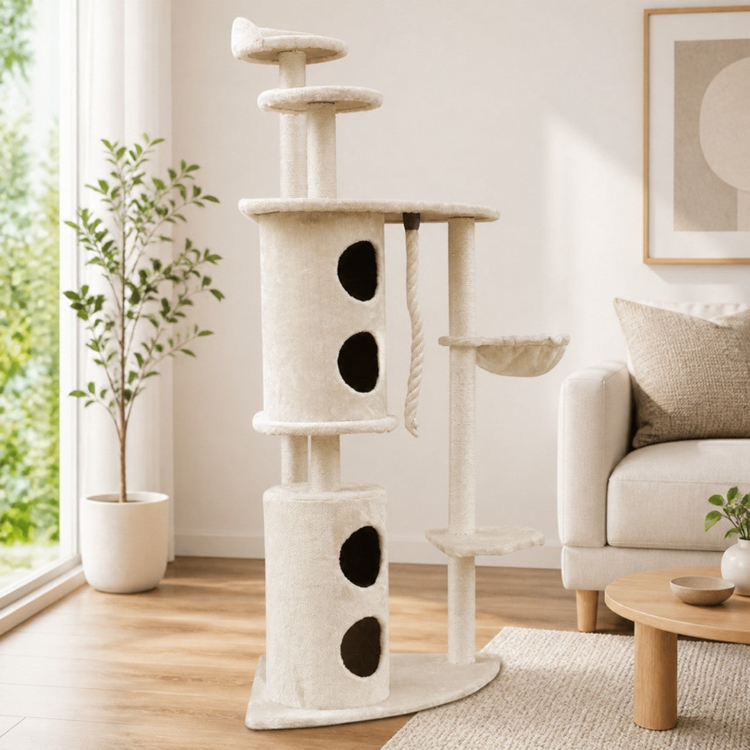 170cm XL multi-level cat scratching tree in a bright living room
