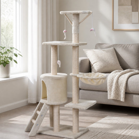 138cm cat scratching tree with ladder in a bright living room