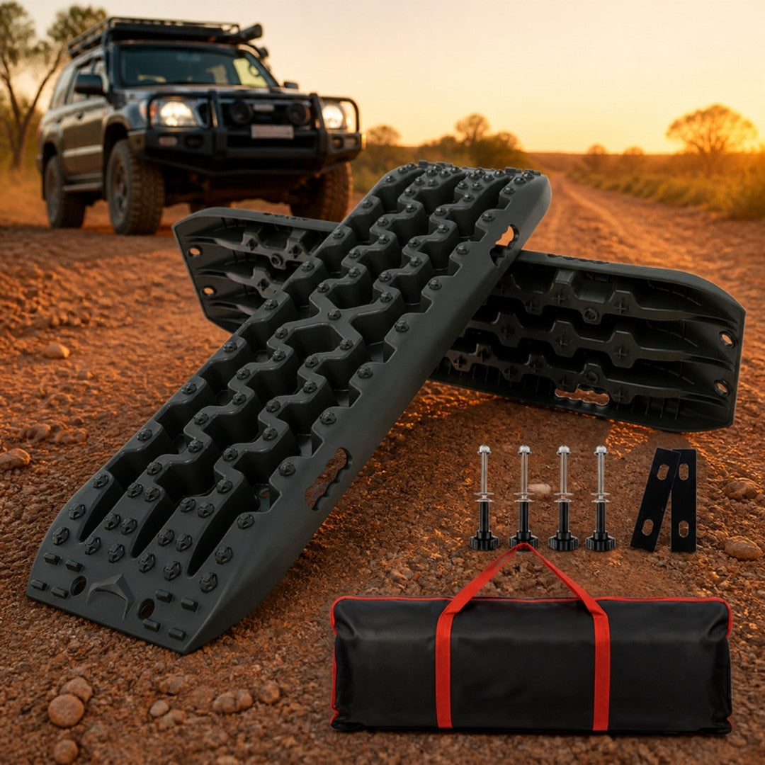 Recovery tracks kit with carry bag on an outback track