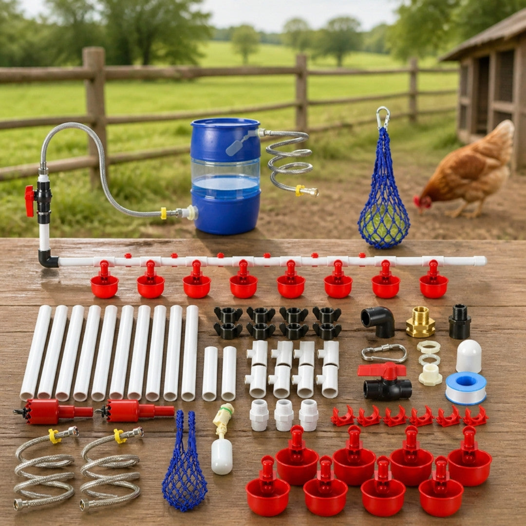 57 piece automatic chicken waterer kit on a farm