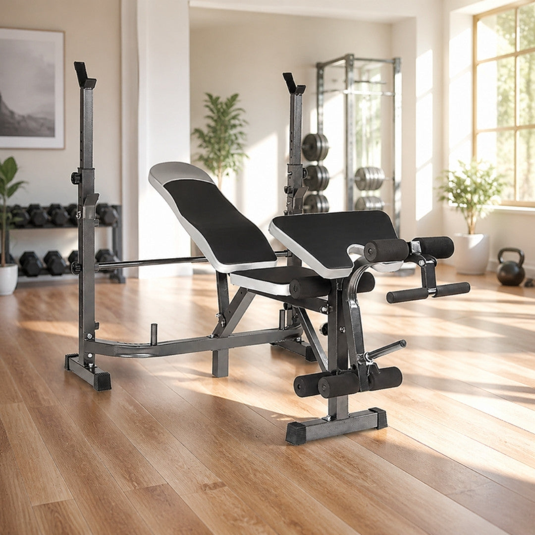 Multi-station home gym 5-in-1 in a bright home gym