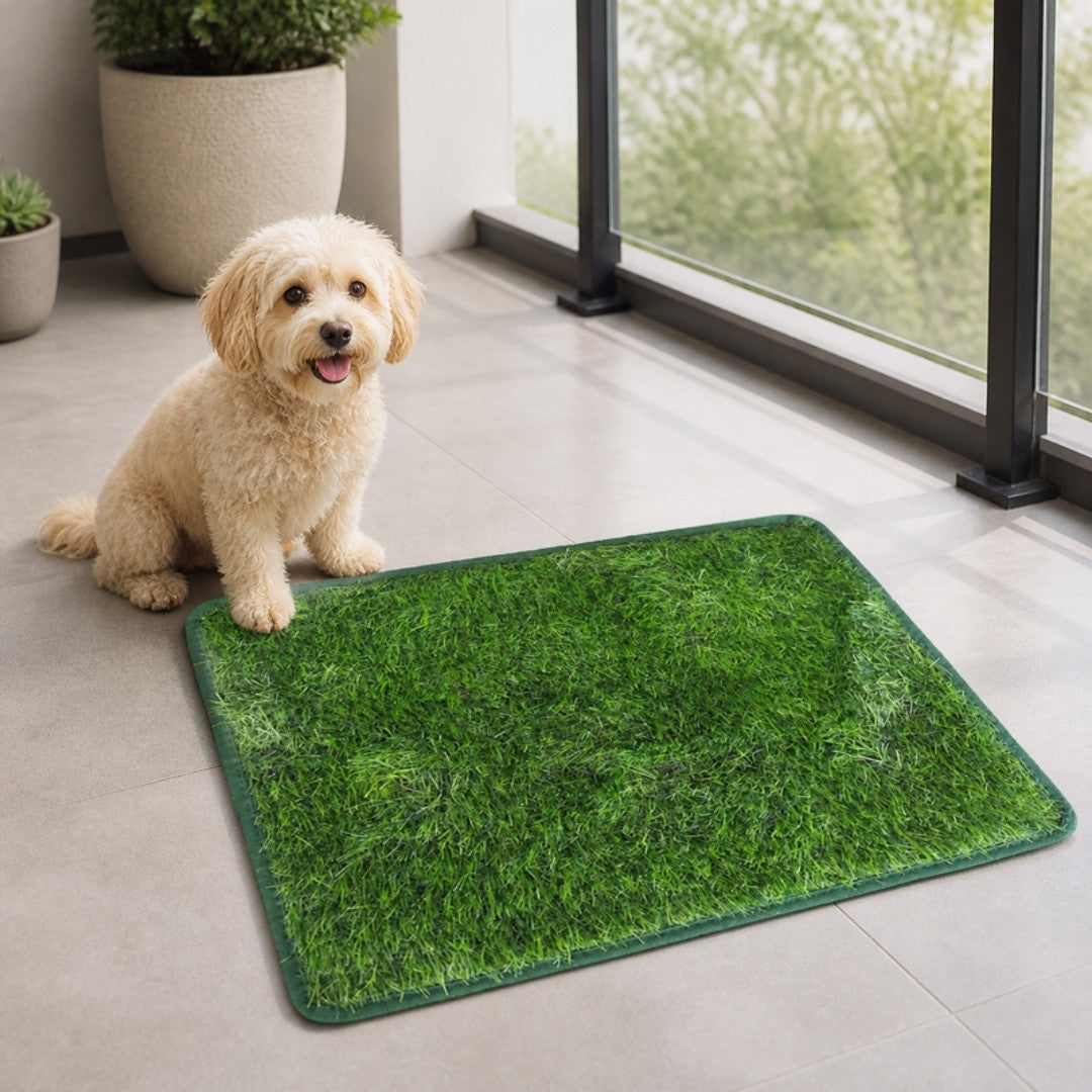 Artificial grass dog potty mat on a balcony