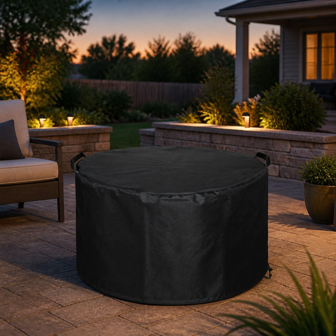 Waterproof round gas fire pit cover on a patio at dusk