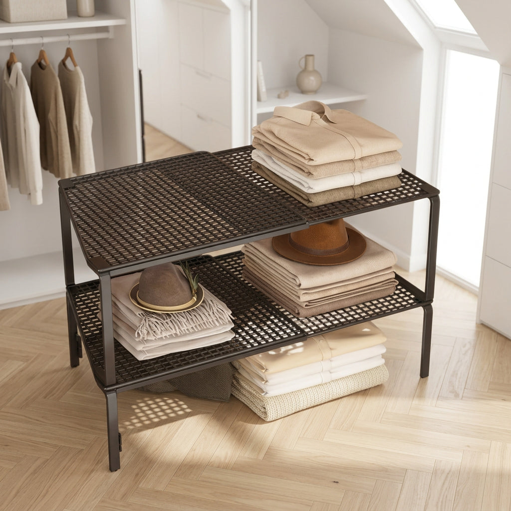 Adjustable mesh storage shelves