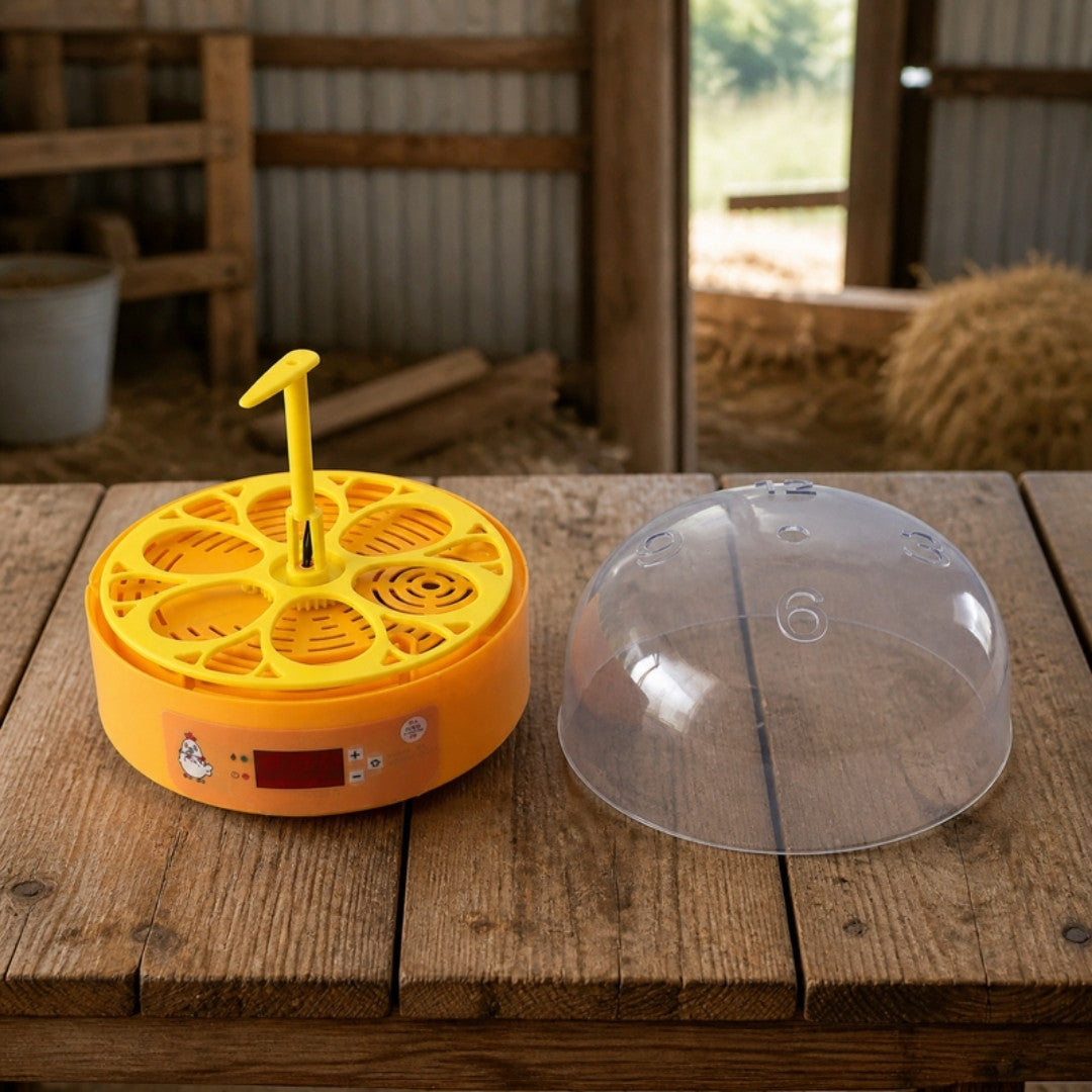 6 egg automatic incubator on a farm bench