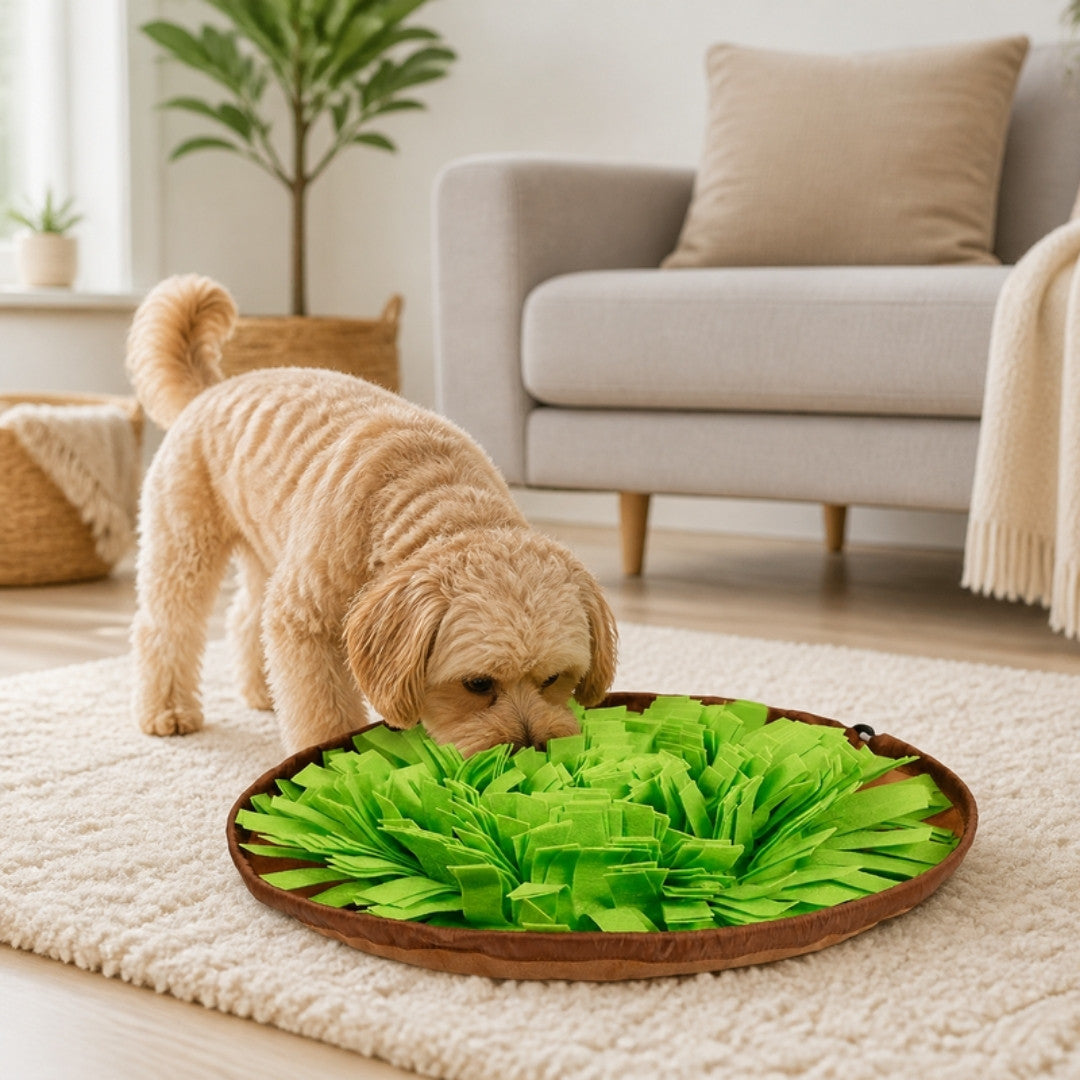 Dog sniffing mat on a living room floor