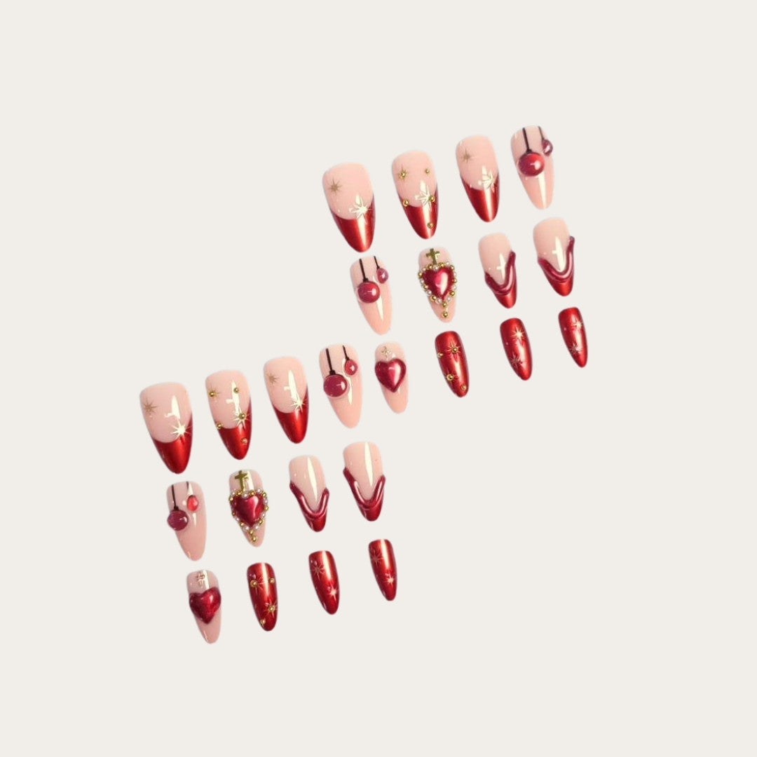Cherry heart embellished press-on nails
