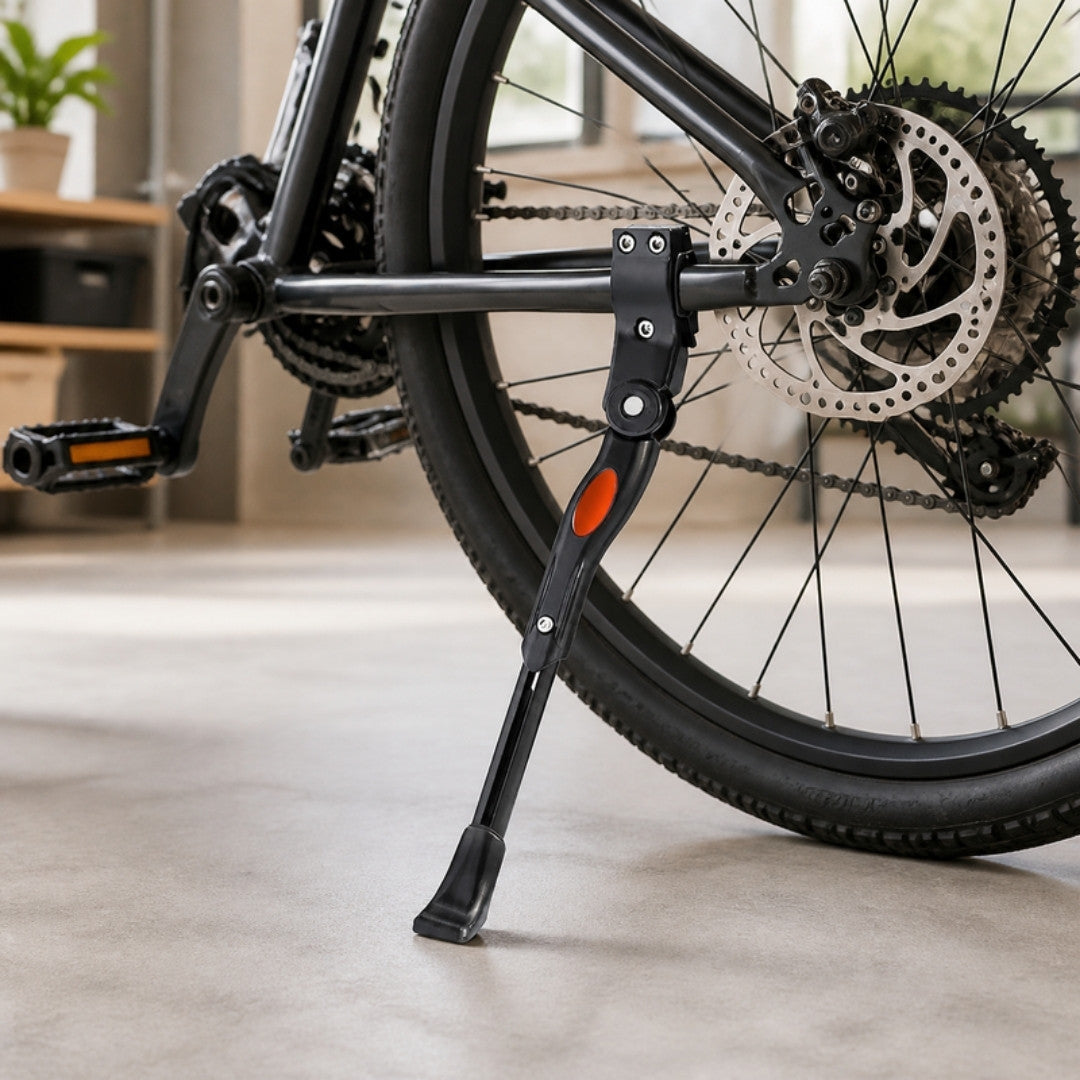 Adjustable rear bike kickstand on a bicycle