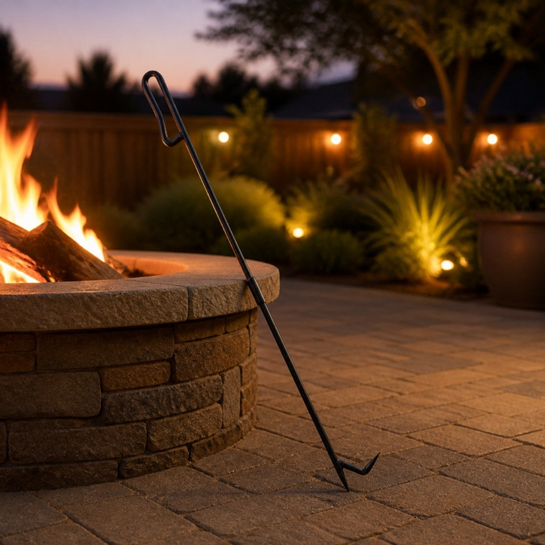 Steel fire poker beside a fire pit at dusk