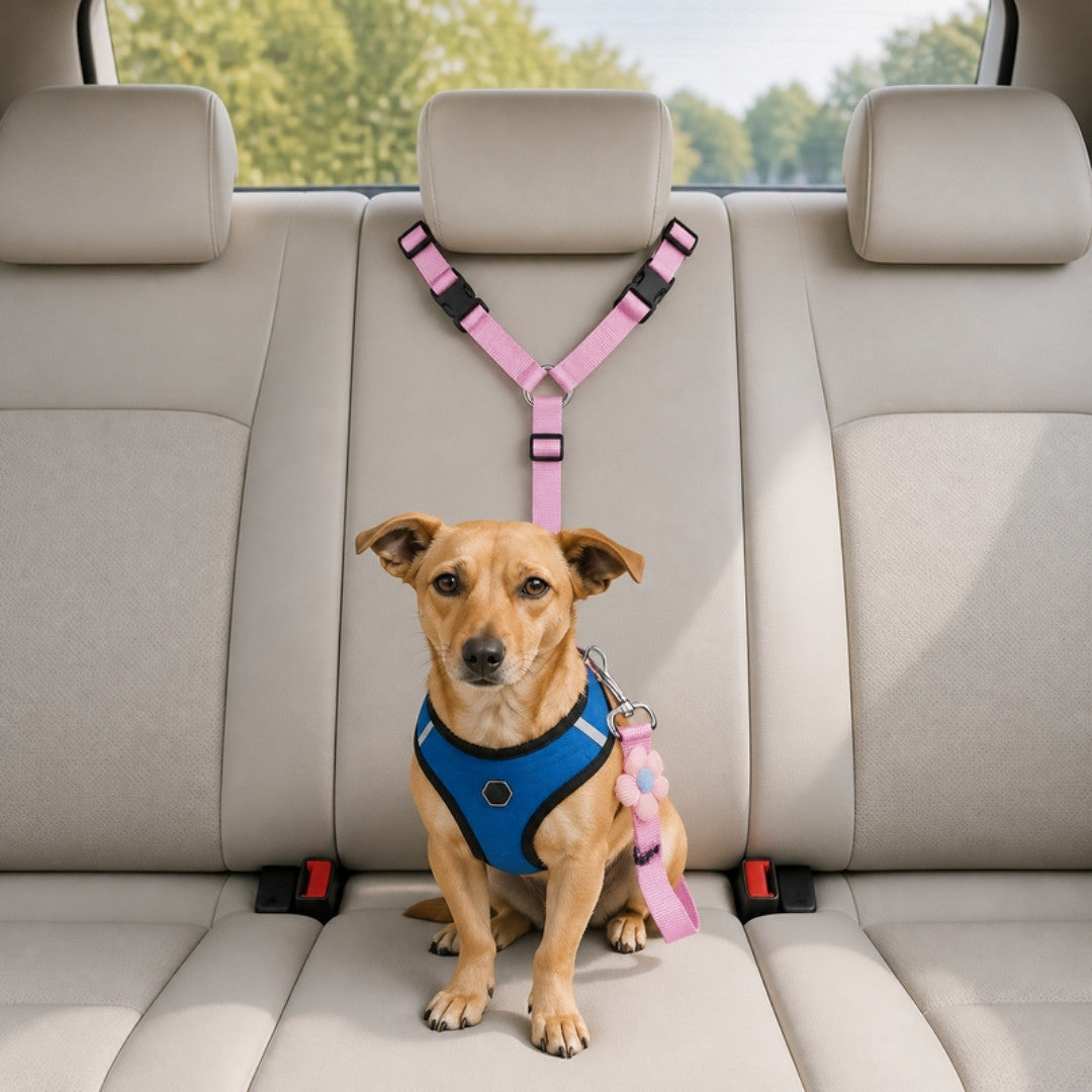 Dog car seat belt restraint on a car back seat