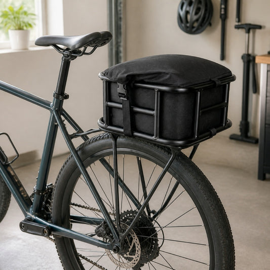 Universal black bike rear rack fitted to a bicycle