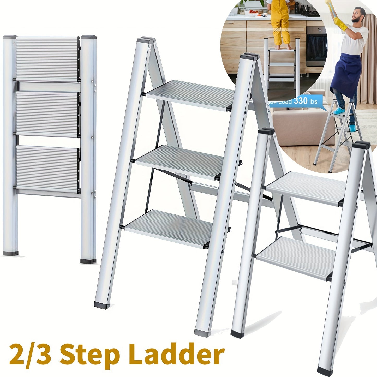 2 Step Ladder/ 3 Step Ladder Aluminum, Lightweight Folding Ladder 2/3 Step With Wide Anti-Slip Pedal, 330 Lbs 150KG Capacity Household Office Portable Stepladder, Portable Stepladder Non-Slip Step Stool For Household Office H