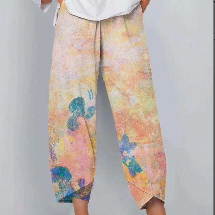 Printed Loose Casual Elastic Waist Straight-leg Pants