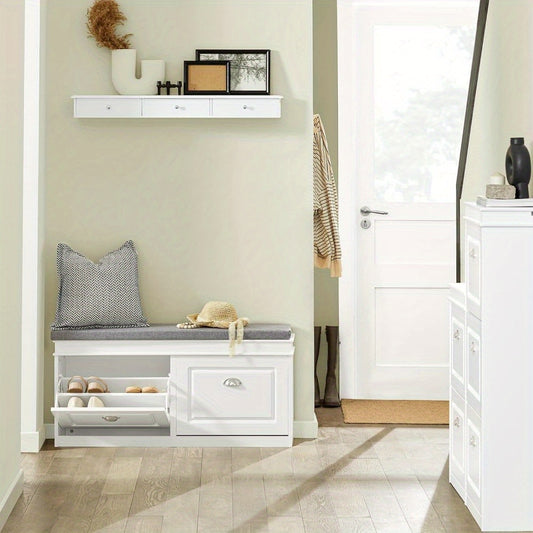 Hallway Shoe Bench Shoe Rack Shoe Cabinet with Seat Cushion and 2 Flip-drawers White W104 x D24 x H51cm