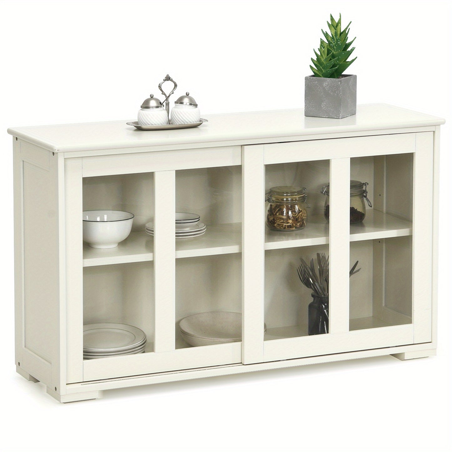 Kitchen Sideboard Wooden Buffet Storage Cabinet w/ Adjustable Shelf & Sliding Doors for Kitchen Dining Living Room, White