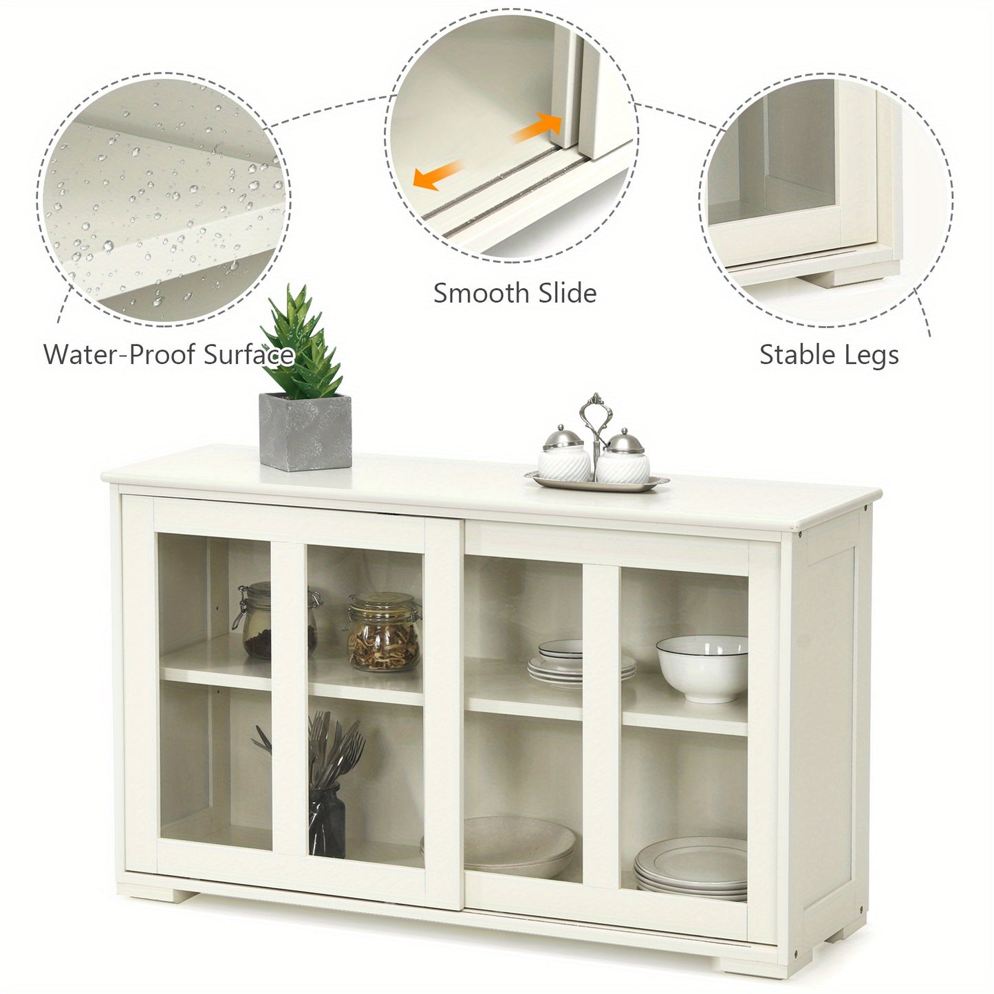 Kitchen Sideboard Wooden Buffet Storage Cabinet w/ Adjustable Shelf & Sliding Doors for Kitchen Dining Living Room, White