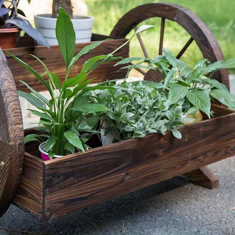 Wooden Garden Cart Planter - Outdoor Decorative Wheelbarrow Flower Pot Holder, Carbonized Anticorrosive Solid Wood Multi-Tier Plant Stand for Patio, Balcony, Courtyard Landscaping