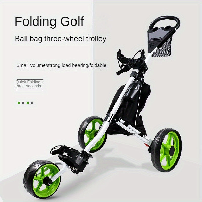 1pc Aluminum Lightweight A001 Quick Foldable Golf Cart, 3-Wheel Trolley with Detachable Ball Bag, Durable Push/Pull, Easy Storage and Transport