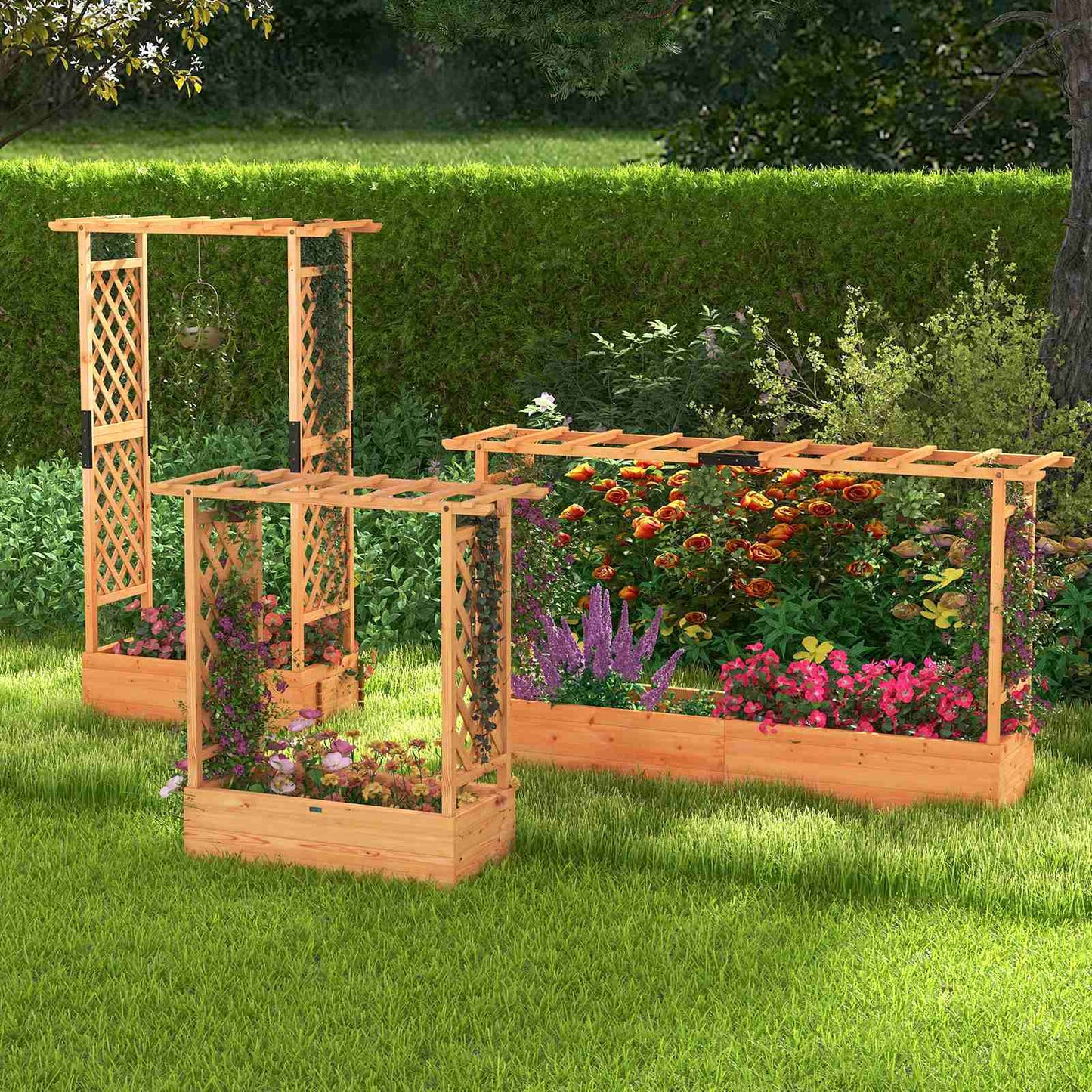 Double Flower Pot Frame with Arch Trellis and Hanging Roof, Raised Garden Bed for Climbing Plants, Patio Backyard Container, Orange Fir Wood