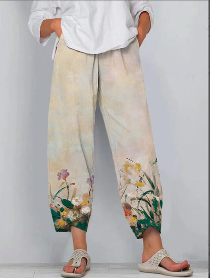 Printed Loose Casual Elastic Waist Straight-leg Pants