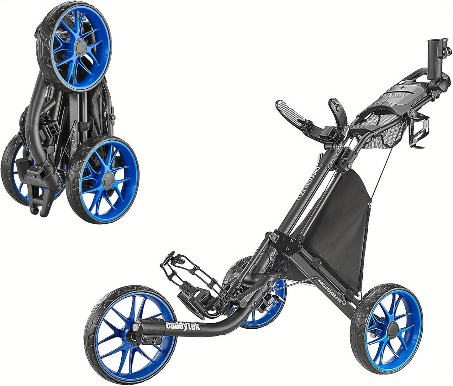 EZ V8 3-Wheel Golf Push Cart - Lightweight, Foldable Design with Foot Brake, Easy Open & Close, Strong Aluminum Frame, Maintenance-Free EVA Wheels, Black with Blue Accents