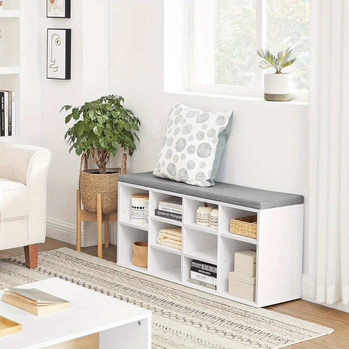 Shoe Bench with Cushion, Storage Bench with Padded Seat, Entryway Bench with 10 Compartments, Adjustable Shelves, for Bedroom, 29.97 x 103.89 x 48.01 cm, White and Grey