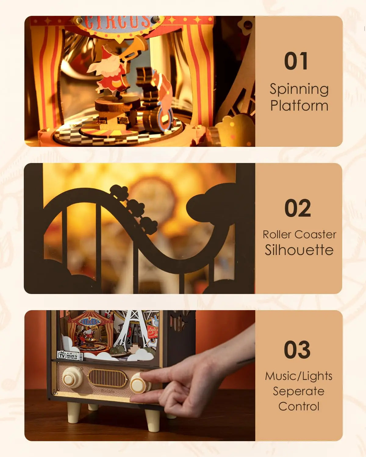 Sunset Carnival Music Boxes With Lights For Kids Adults Home Decoration Luxurious Design 3D Wooden Puzzle Toys