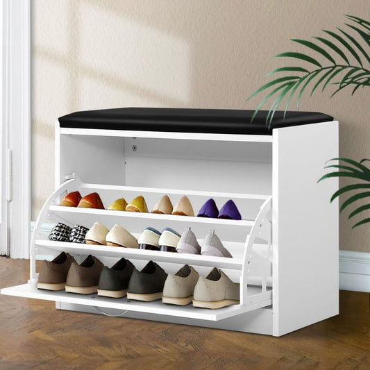 Shoe Storage Bench Organizer for 15 Pairs of Footwear Stylish White Cabinet with Drawers