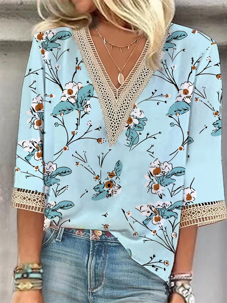 Women's Loose New Multi-Colour Floral Print Stitching Lace Mid-sleeve V-neck T-shirt