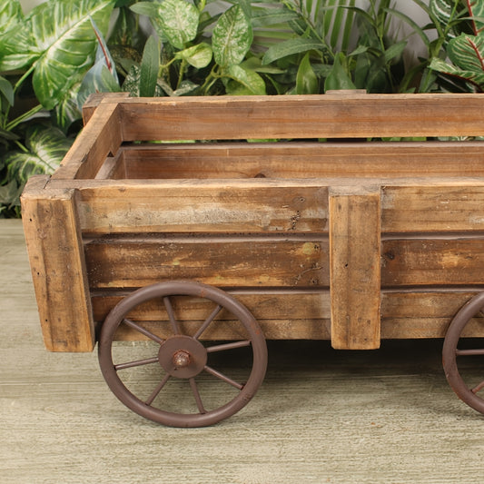 1pc Rustic Wooden Planter Cart with Iron Wheels, Vintage Garden Trailer Pot for Succulents and Flowers, Handcrafted Solid Wood Plant Holder, Indoor & Outdoor Decorative Storage Box